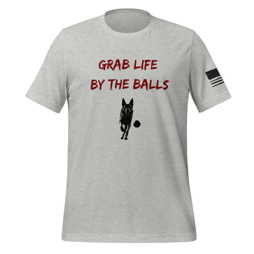 
                      
                        front view of a heather grey athletic t-shit with the image of a dog chasing a tennis ball and the slogan "GRAB LIFE BY THE BALLS""
                      
                    