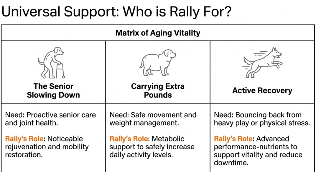 Matrix of Dog Aging Vitality with illustrations and text describing Rally's treat role in different dog aging scenarios.
